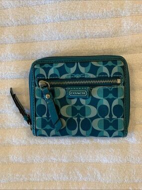 Vintage Y2K COACH Teal Signature Optic Compact Zip Around Wallet